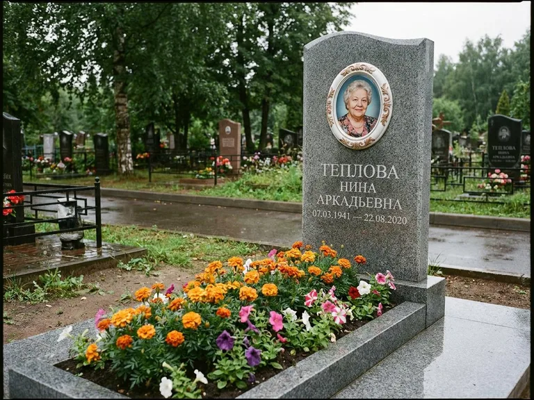 Керамический портрет на памятнике с цветами в Волгограде