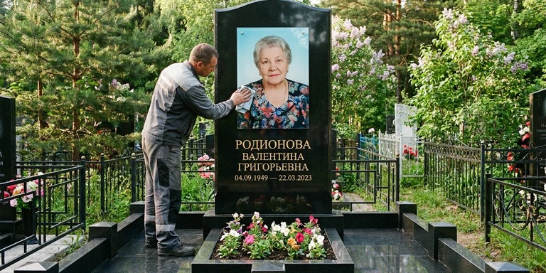 Фотокерамика и печать фото на памятник в Волгограде — мастер устанавливает цветной портрет на стекле на гранитный памятник