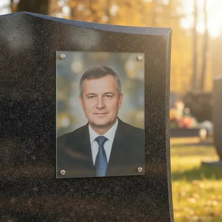 Портрет на стекле на держателях на чёрном граните в Волгограде