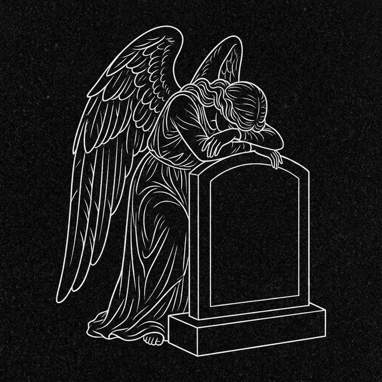 Эскиз гравировки ангела на памятник — печальный ангел у плиты в Волгограде