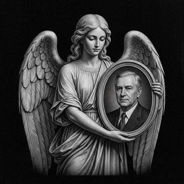 Эскиз гравировки ангела на памятник — объёмный ангел с портретом в Волгограде