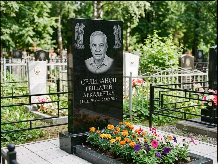 Памятник с гравировкой ангела — гравировка двух ангелов по сторонам портрета, работа «Селиванов» в Волгограде
