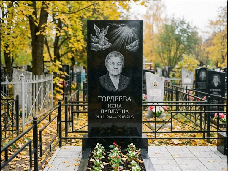 Памятник с гравировкой ангела — гравировка ангела в облаках с лучами над портретом, работа «Гордеева» в Волгограде