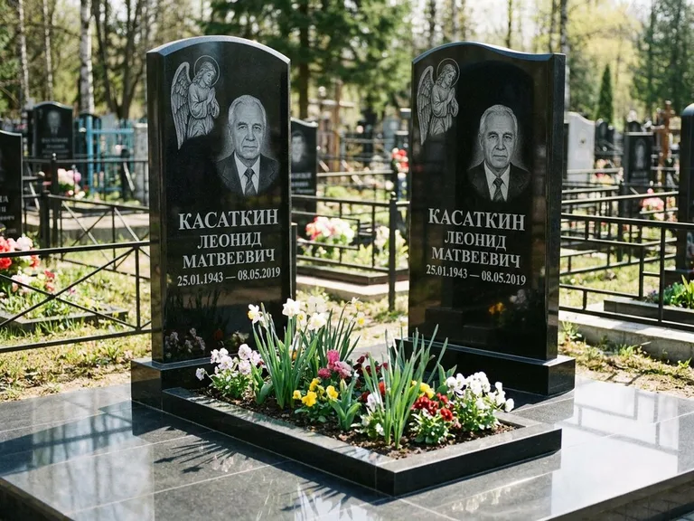 Памятник с гравировкой ангела — гравировка молящегося ангела в верхней части стелы, работа «Касаткин» в Волгограде