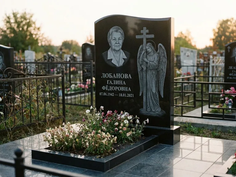 Памятник с гравировкой ангела — гравировка ангела с крестом рядом с эпитафией, работа «Лобанова» в Волгограде