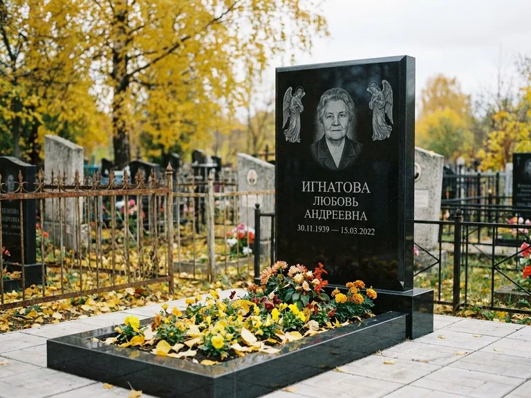 Памятник с гравировкой ангела — гравировка двух ангелов по сторонам портрета, работа «Игнатова» в Волгограде