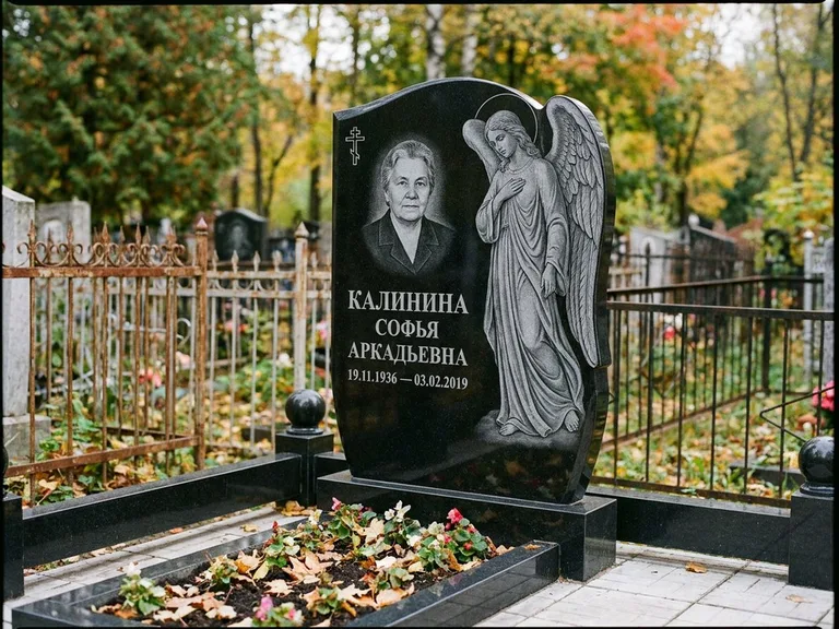 Памятник с гравировкой ангела — гравировка ангела с крестом рядом с эпитафией, работа «Игнатова» в Волгограде