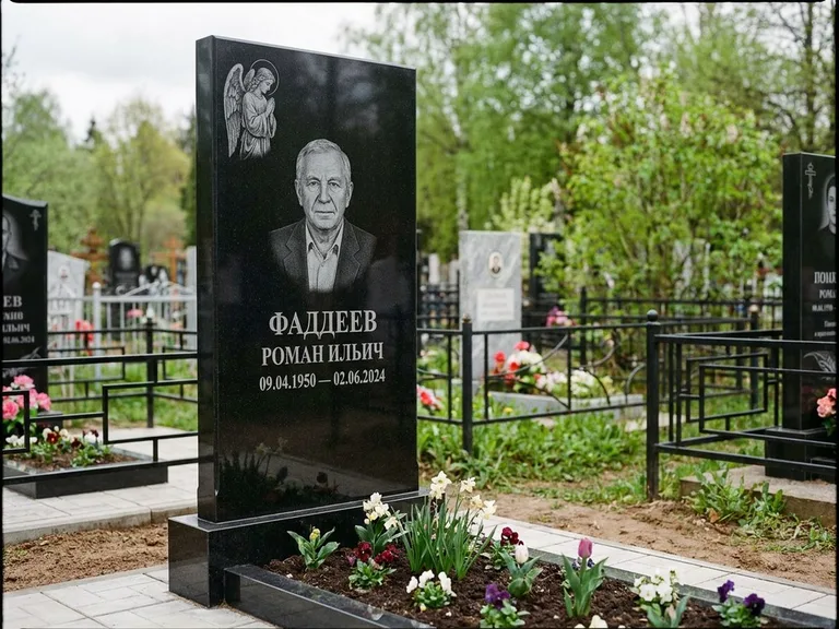 Памятник с гравировкой ангела — гравировка молящегося ангела в верхней части стелы, работа «Фаддеев» в Волгограде