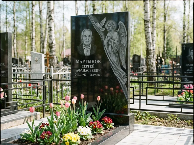 Памятник с гравировкой ангела — гравировка двух ангелов по сторонам портрета, работа «Касаткин» в Волгограде