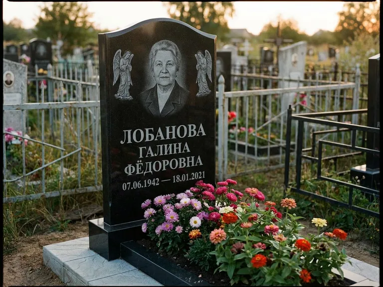 Памятник с гравировкой ангела — гравировка двух ангелов по сторонам портрета, работа «Лобанова» в Волгограде