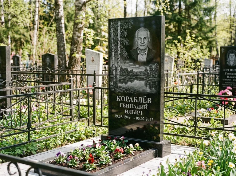 Памятник с гравировкой берёзы — гравировка берёзы у зеркального озера, работа «Кораблёв» в Волгограде