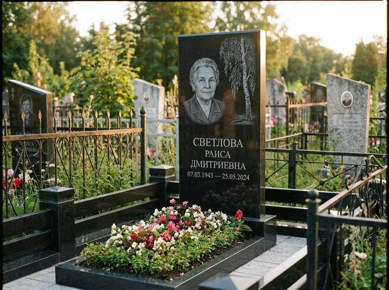 Памятник с гравировкой берёзы — гравировка плакучей берёзы с тонкими ветвями, работа «Светлова» в Волгограде