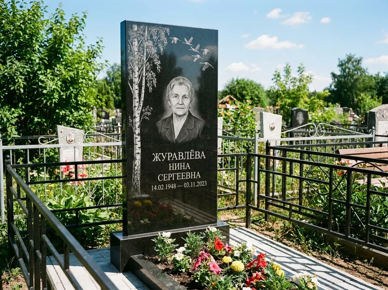 Памятник с гравировкой берёзы — гравировка берёзы с журавлиным клином в небе, работа «Журавлёва» в Волгограде