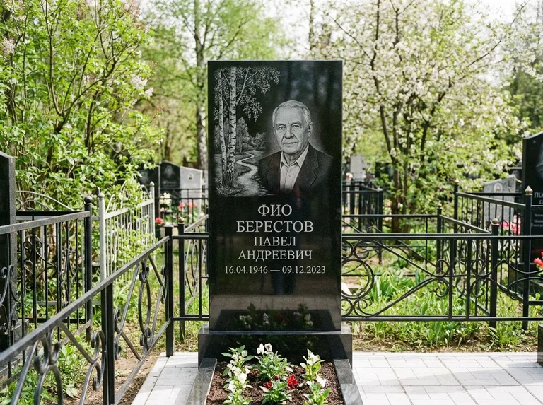Памятник с гравировкой берёзы — гравировка берёзы у тропинки, уходящей вдаль, работа «Берестов» в Волгограде