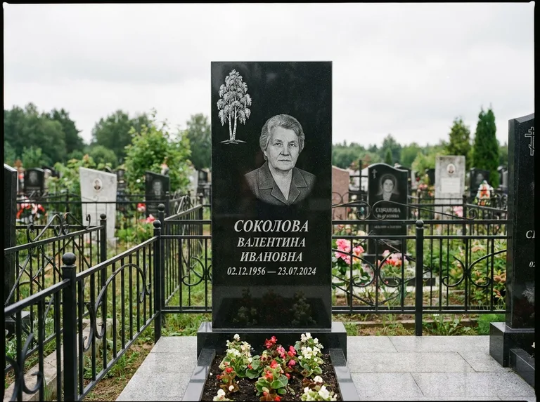 Памятник с гравировкой берёзы — гравировка одинокой берёзы над именем, работа «Соколова» в Волгограде