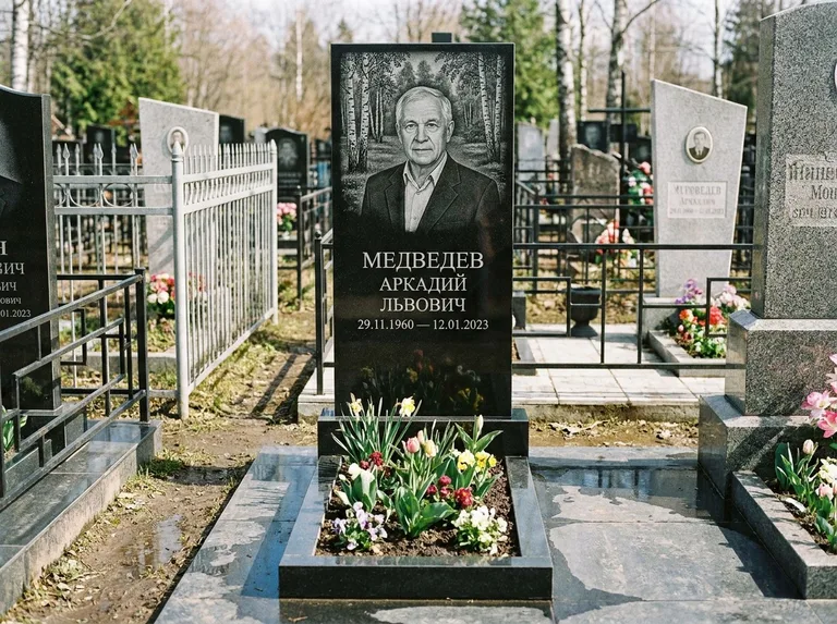 Памятник с гравировкой берёзы — гравировка берёзовой рощи в глубину, работа «Медведев» в Волгограде