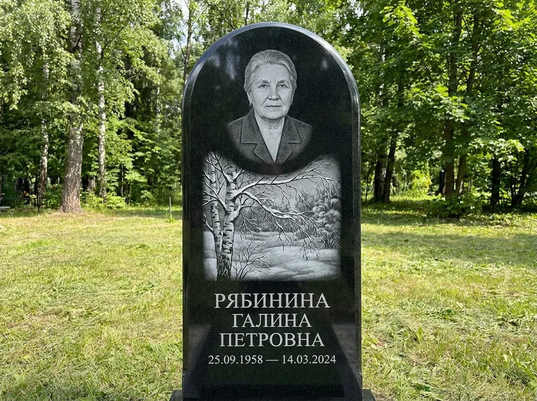 Памятник с гравировкой берёзы: стела с плавным арочным верхом — зимняя берёза, снег на ветвях, газон без ограды, стриженая трава, работа «Рябинина» в Волгограде