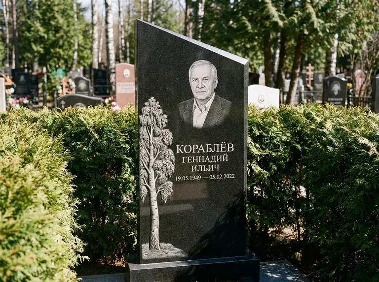 Памятник с гравировкой берёзы: асимметричная скошенная стела — объёмная одинокая берёза с фактурной корой, живая изгородь из туи, работа «Кораблёв» в Волгограде