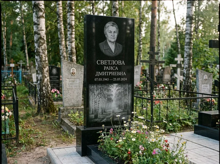 Памятник с гравировкой берёзы: двойная семейная стела — берёзовая роща в лёгкой дымке, цветник с полевыми цветами, работа «Светлова» в Волгограде