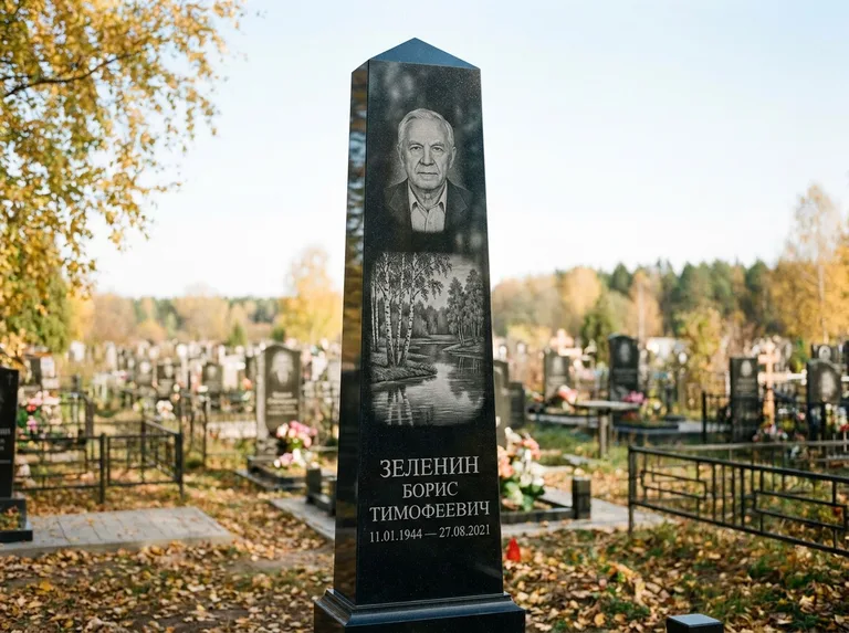Памятник с гравировкой берёзы: гранёный обелиск-колонна — берёза у воды с отражением, открытый участок, мягкий свет, работа «Зеленин» в Волгограде