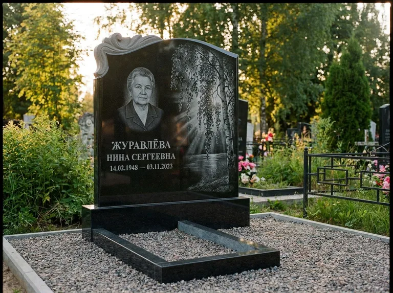 Памятник с гравировкой берёзы: стела с фигурным резным верхом — плакучая берёза в контровом свете, гравийная отсыпка, рассвет, работа «Журавлёва» в Волгограде