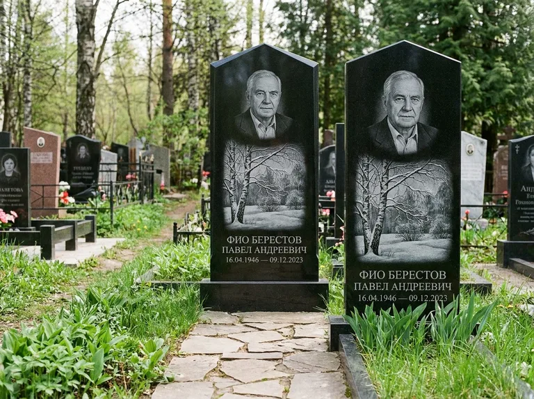 Памятник с гравировкой берёзы: массивная стела с двускатным навершием — зимняя берёза, снег на ветвях, дорожка из природного плитняка, работа «Берестов» в Волгограде