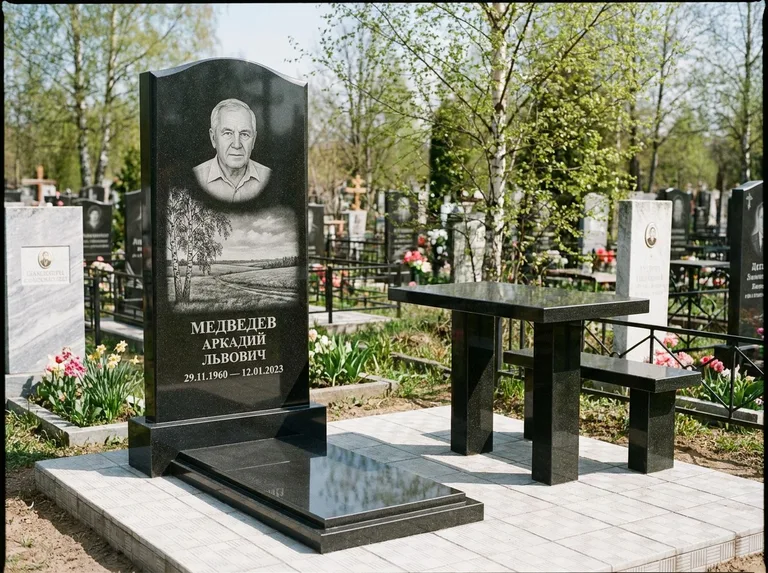 Памятник с гравировкой берёзы: стела с гранитным столиком и скамьёй — берёза у поля, простор до горизонта, семейный участок с плиткой, работа «Медведев» в Волгограде