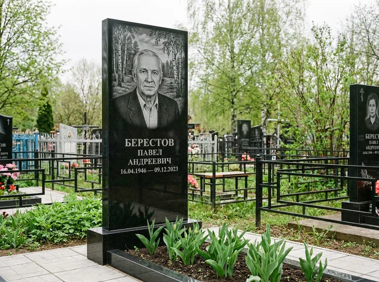 Памятник с гравировкой берёзы — гравировка берёзовой рощи в глубину, работа «Берестов» в Волгограде