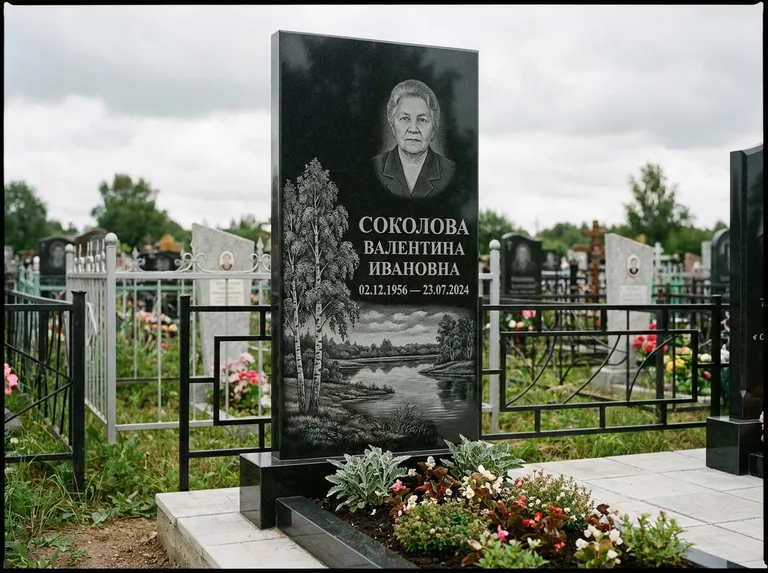 Памятник с гравировкой берёзы — гравировка берёзы у зеркального озера, работа «Соколова» в Волгограде
