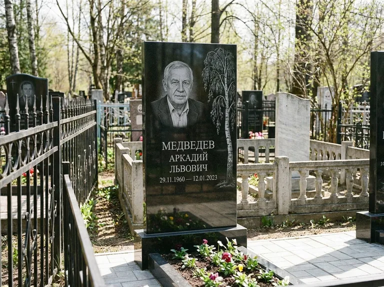 Памятник с гравировкой берёзы — гравировка плакучей берёзы с тонкими ветвями, работа «Медведев» в Волгограде