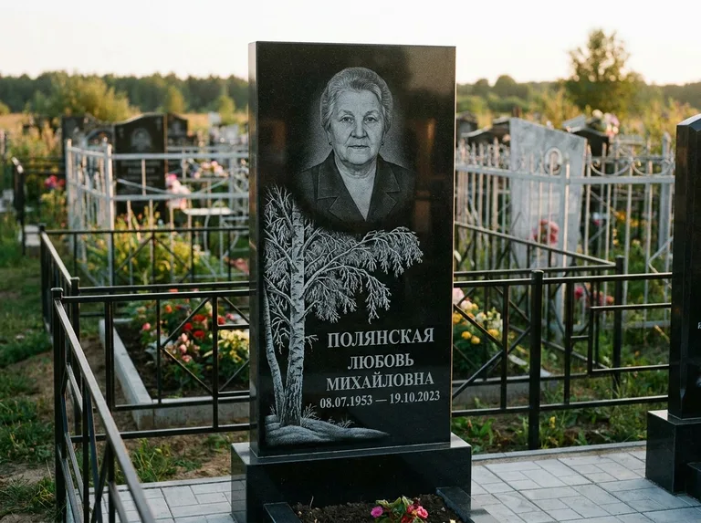 Памятник с гравировкой берёзы — гравировка зимней берёзы в инее, работа «Полянская» в Волгограде
