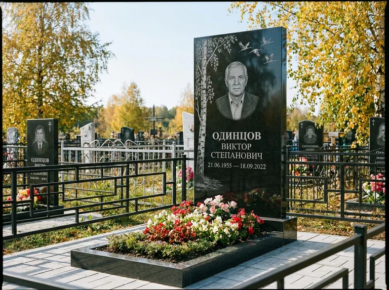 Памятник с гравировкой берёзы — гравировка берёзы с журавлиным клином в небе, работа «Одинцов» в Волгограде