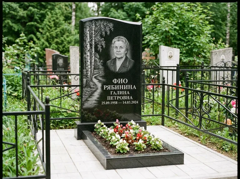 Памятник с гравировкой берёзы — гравировка берёзы у тропинки, уходящей вдаль, работа «Рябинина» в Волгограде