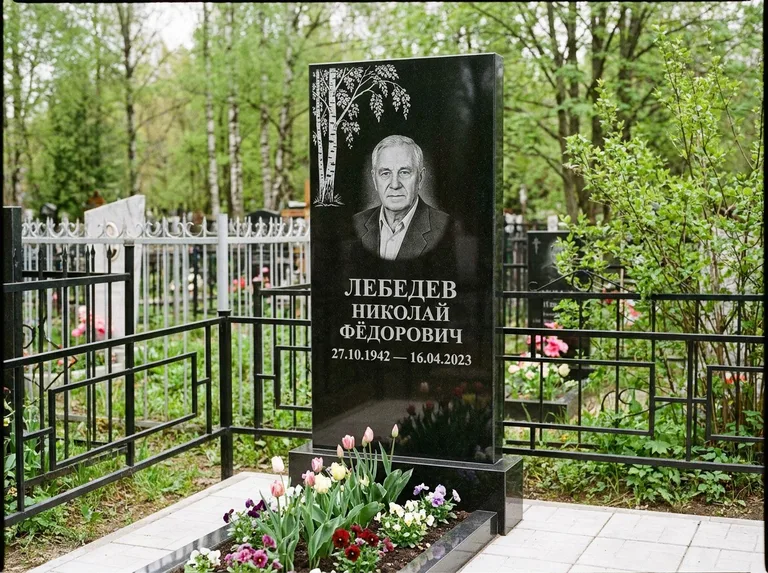 Памятник с гравировкой берёзы — гравировка одинокой берёзы над именем, работа «Лебедев» в Волгограде
