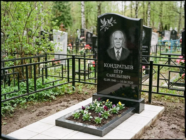 Памятник с гравировкой голубей — гравировка пары голубей на ветке в верхнем углу стелы, работа «Кондратьев» в Волгограде