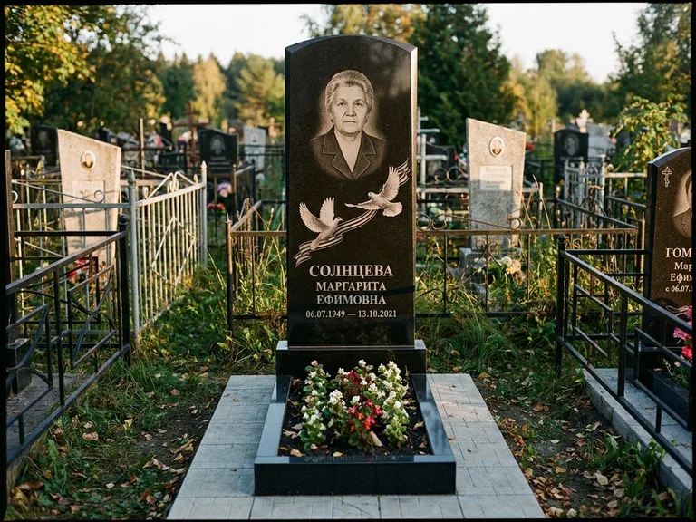 Памятник с гравировкой голубей — гравировка двух летящих голубей с лентой по диагонали стелы, работа «Солнцева» в Волгограде