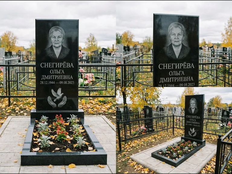 Памятник с гравировкой голубей — гравировка голубя над раскрытыми ладонями внизу стелы, работа «Снегирёва» в Волгограде