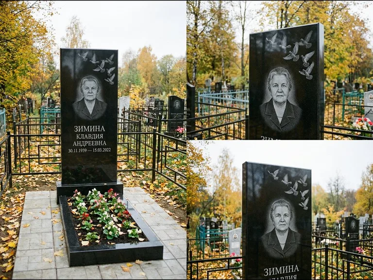 Памятник с гравировкой голубей — гравировка стаи голубей, взлетающей от угла стелы, работа «Зимина» в Волгограде