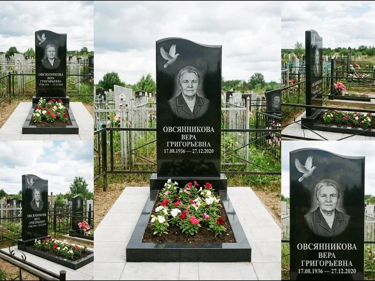 Памятник с гравировкой голубей — белая гравировка взлетающего голубя над портретом, работа «Овсянникова» в Волгограде