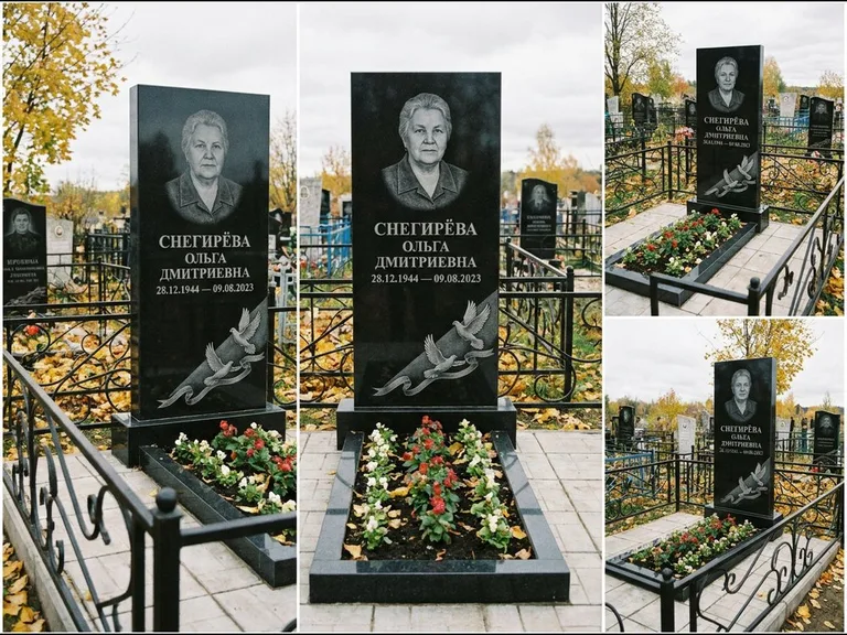 Памятник с гравировкой голубей — гравировка двух летящих голубей с лентой по диагонали стелы, работа «Снегирёва» в Волгограде