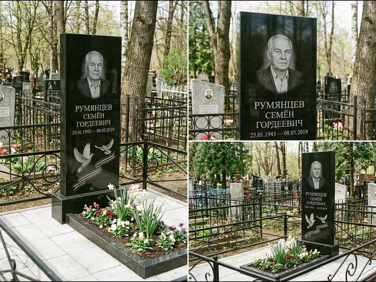 Памятник с гравировкой голубей — гравировка двух летящих голубей с лентой по диагонали стелы, работа «Румянцев» в Волгограде