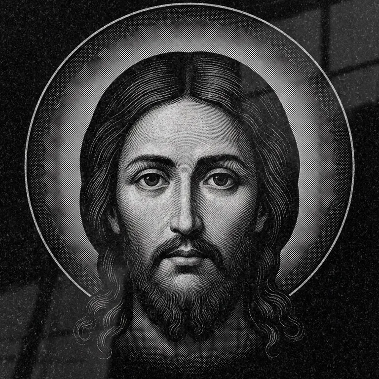 Эскиз иконы: Спас Нерукотворный (полутон) — детальный лик на убрусе, гравировка на памятник в Волгограде