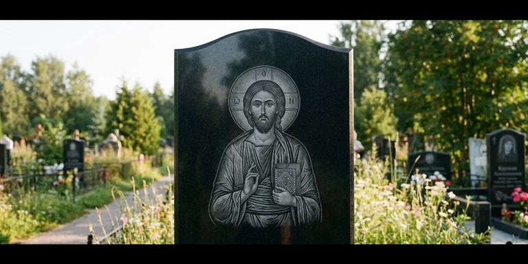 Иконы для гравировки на памятник в Волгограде — образ на стеле из чёрного гранита с ручной доводкой лика