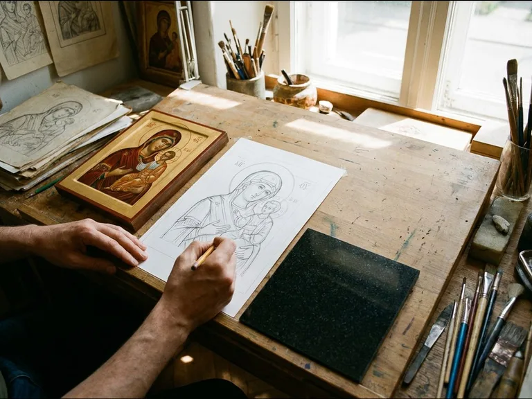Эскиз бесплатно — этап гравировки иконы на памятник