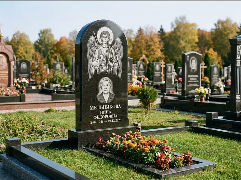 Памятник с гравировкой иконы — икона над портретом усопшего, работа «Журавлёв» в Волгограде