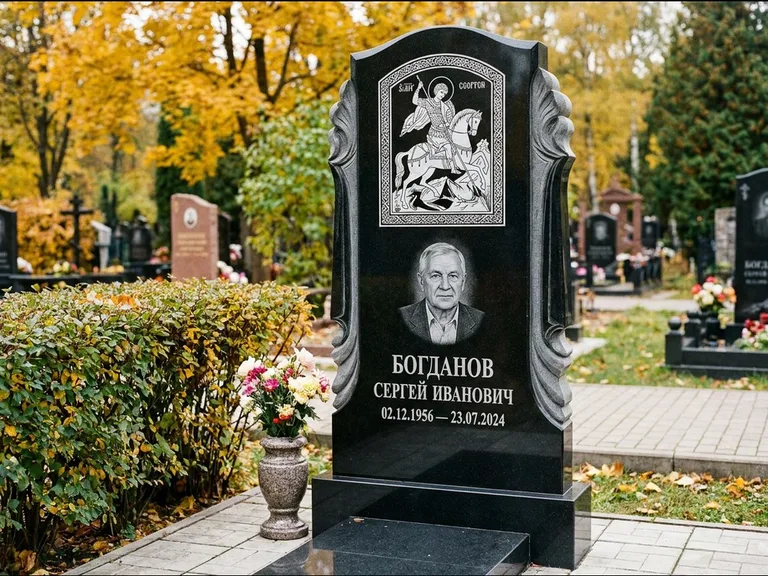 Памятник с гравировкой иконы — икона Спаса Вседержителя над именем усопшего, работа «Лебедева» в Волгограде