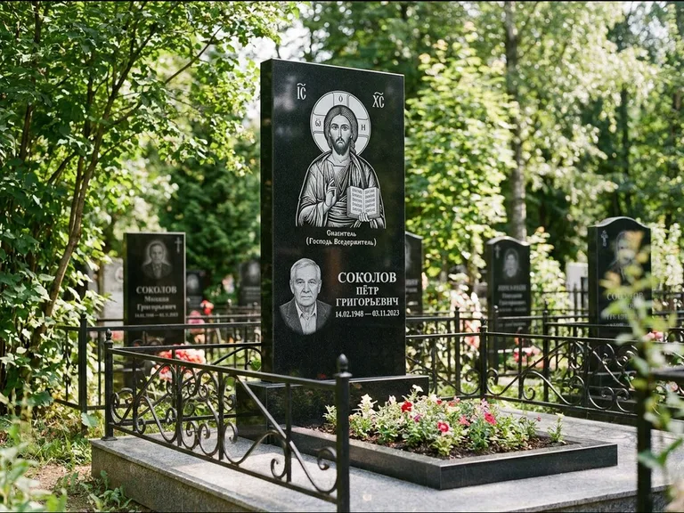 Памятник с гравировкой иконы — икона Спаса Вседержителя над именем усопшего, работа «Воронцова» в Волгограде