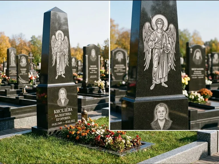 Памятник с гравировкой иконы: асимметричная скошенная стела — гравировка образа Спасителя, живая изгородь из кустарника, работа «Третьяков» в Волгограде