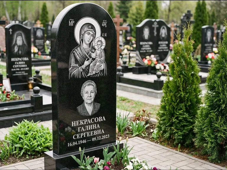 Памятник с гравировкой иконы: фигурная стела с киот-нишей под икону — икона в резной рамке-киоте, светлая гравийная отсыпка, работа «Журавлёв» в Волгограде