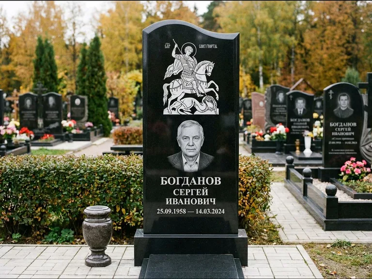 Памятник с гравировкой иконы: монументальный семейный мемориал из двух стел на общем цоколе — гравировка Николая Чудотворца, мощёная гранитная площадка без ограды, работа «Раевская» в Волгограде
